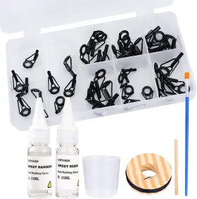 Hifisher-0003 Hifisher 744759866356 Fishing Rod Tip Repair Kit 40pcs 8 Sizes Top Guides 1oz Epoxy Resin Brush Mea